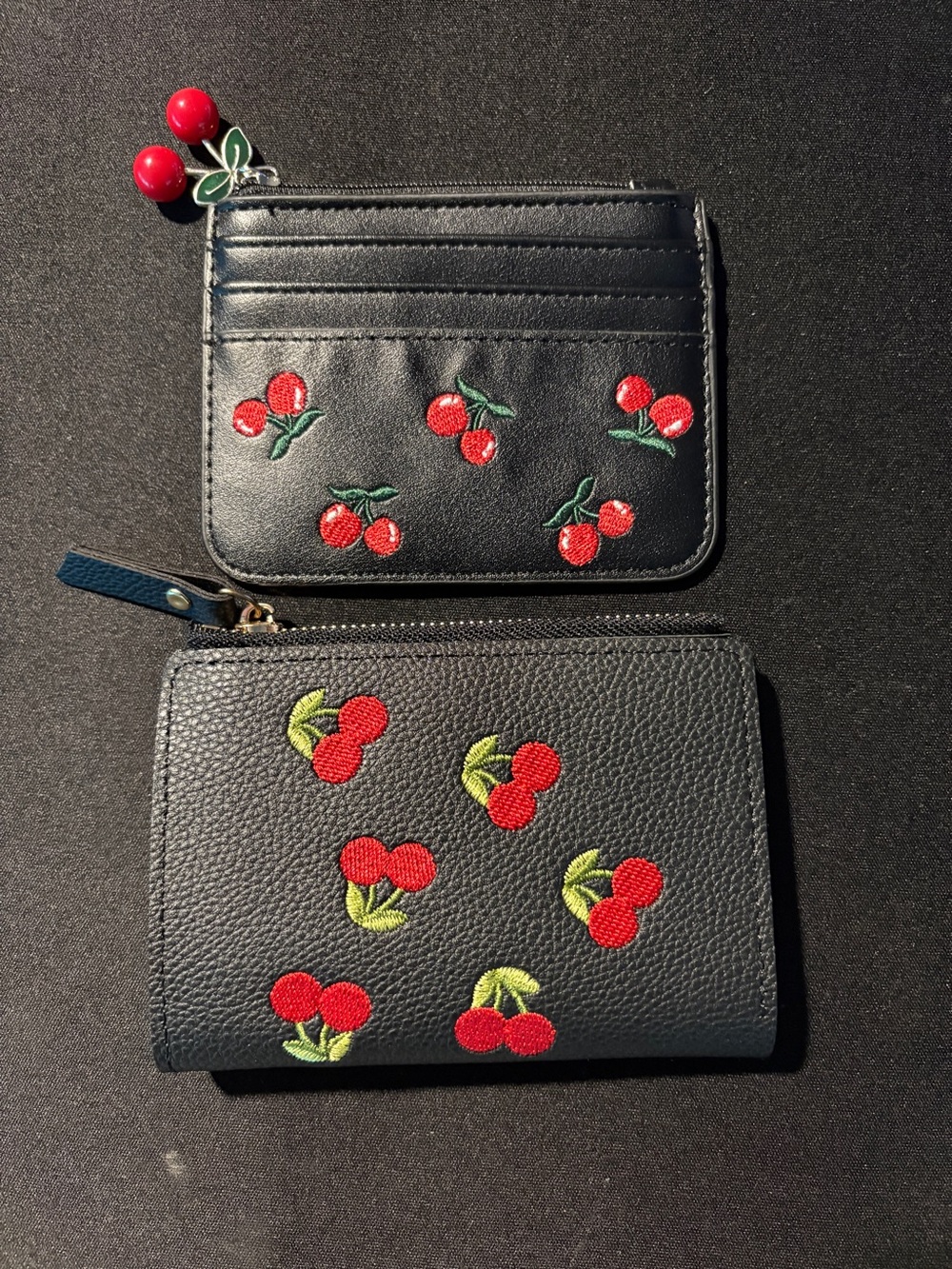 Embroidered Cherry Card Holder and Zip Wallet - Black